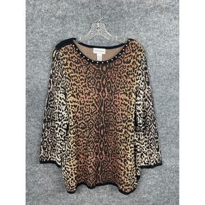 Alfred Dunner Sweater Women Large Brown Excellent Leopard Print Studded Rayon